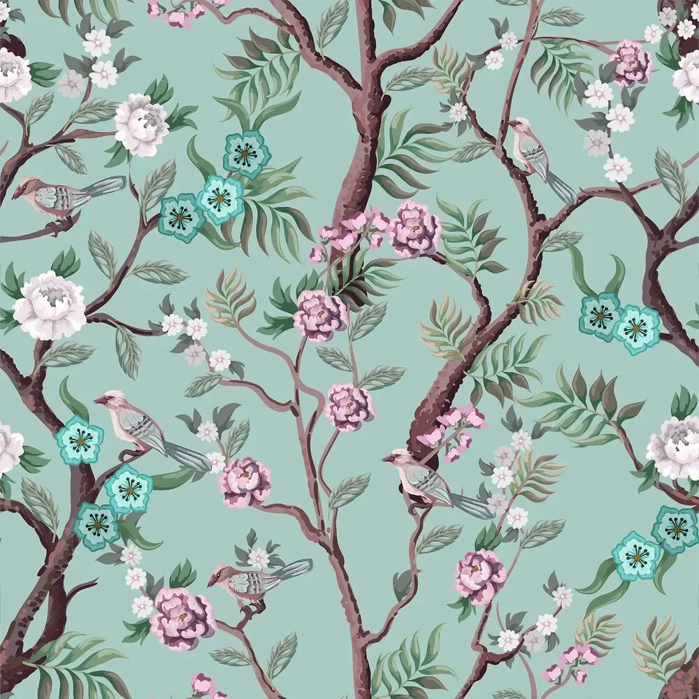 VEELIKE Vtg teal green Bird Wallpaper Peel & Stick  Floral Wallpaper 17.7